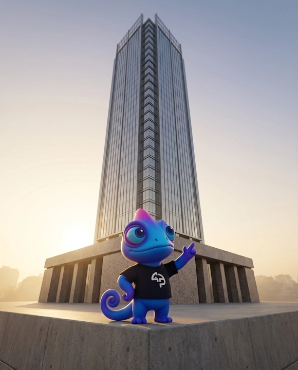 Mascote camaleão da Próximo Passo conferindo com atenção a tela de um perfil profissional apoiada numa mesa de reunião